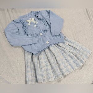 Light Blue Ruffled Cardigan and Plaid Skirt Set